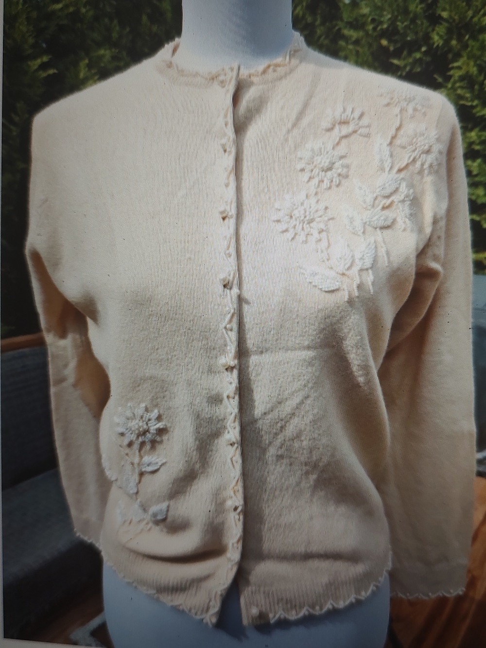 Share Vintage 60s British Hong Kong Beige Beaded Cardigan Sweater Romantic Acade